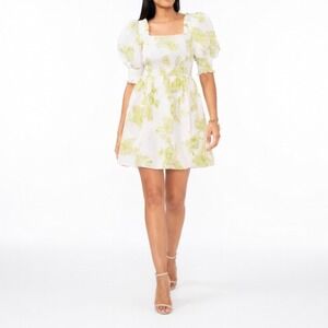 1.STATE Lime Puff Sleeve Paisley Smocked Mini Sundress White Green Size S 3654